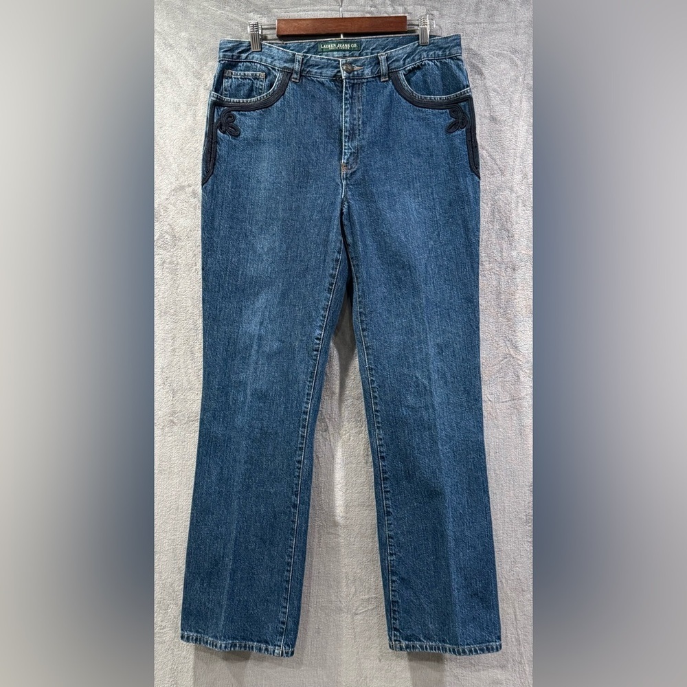 Vintage Ralph Lauren Jeans Women’s Size 12 Embroidered Pockets Wide Straight Leg - Picture 1 of 11